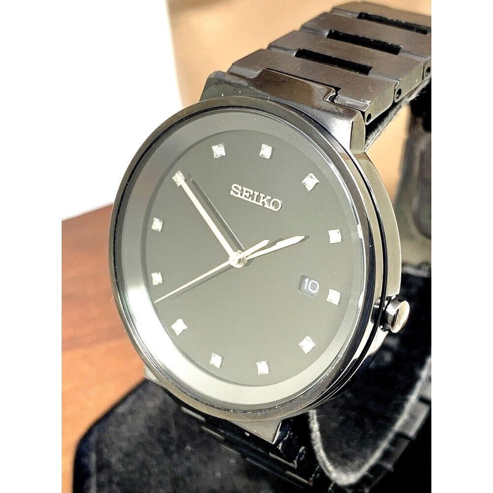 Seiko Mens Watch Sur489 Quartz Black Dial Diamond Date Stainless Steel